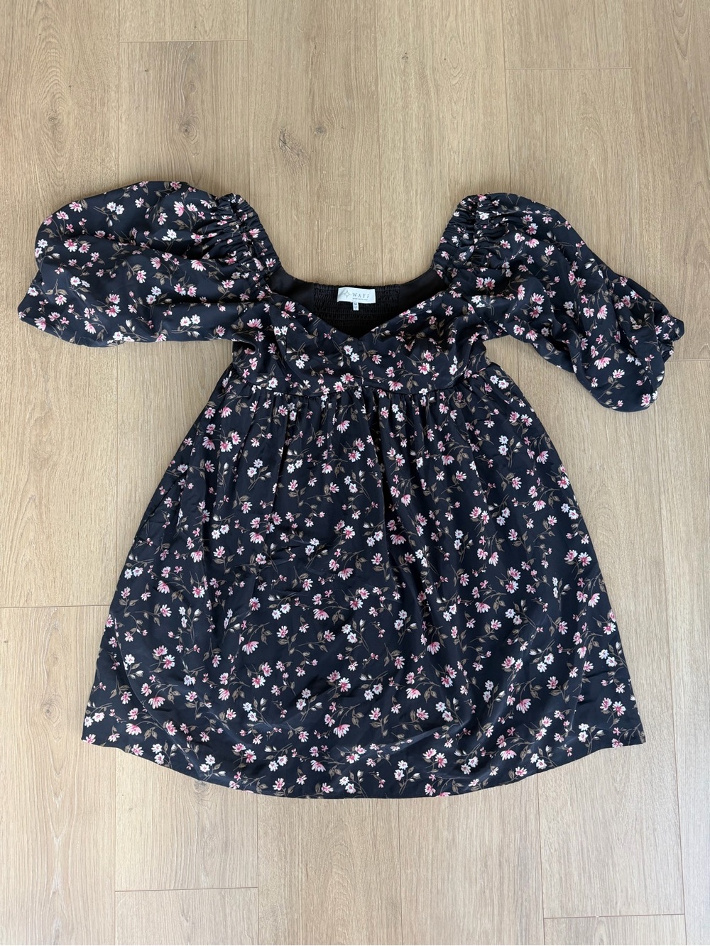 Wayf Black Floral Puff Sleeve Mini Dress with Pink Blossoms, M